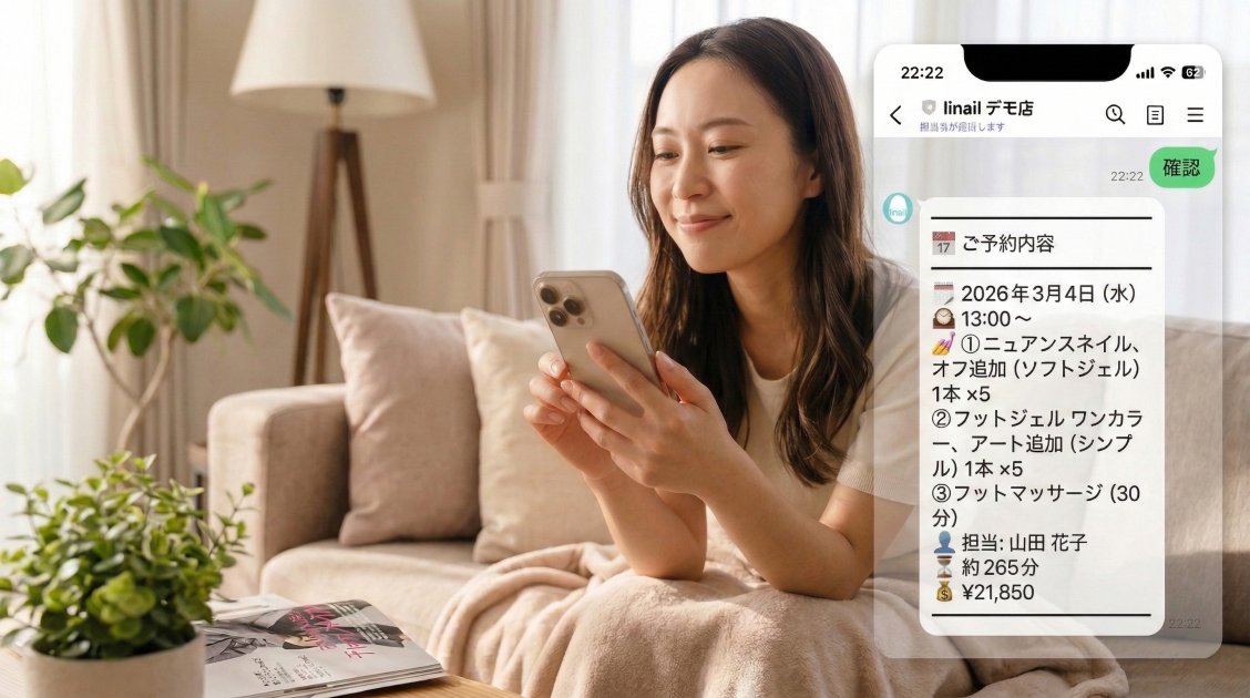 「確認」と送るだけ。お客様が予約内容をいつでも見返せるように。