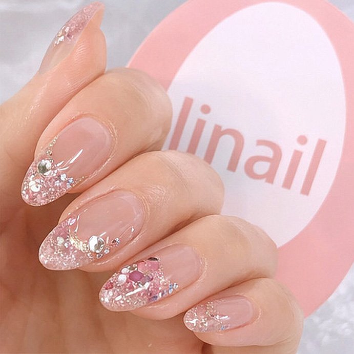 【チップ長さ出し10本】韓国風☆キラキラ・ラメグラ×ビジュー盛コース