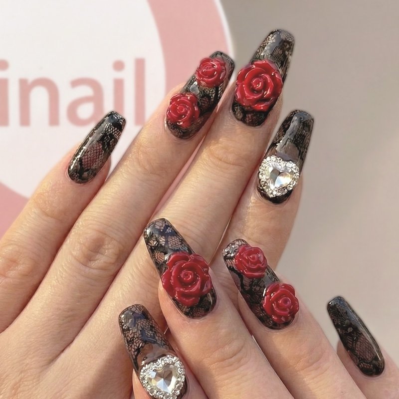 【人気★】黒レース×3Dローズ×ハートビジュー（長さ出し別途）