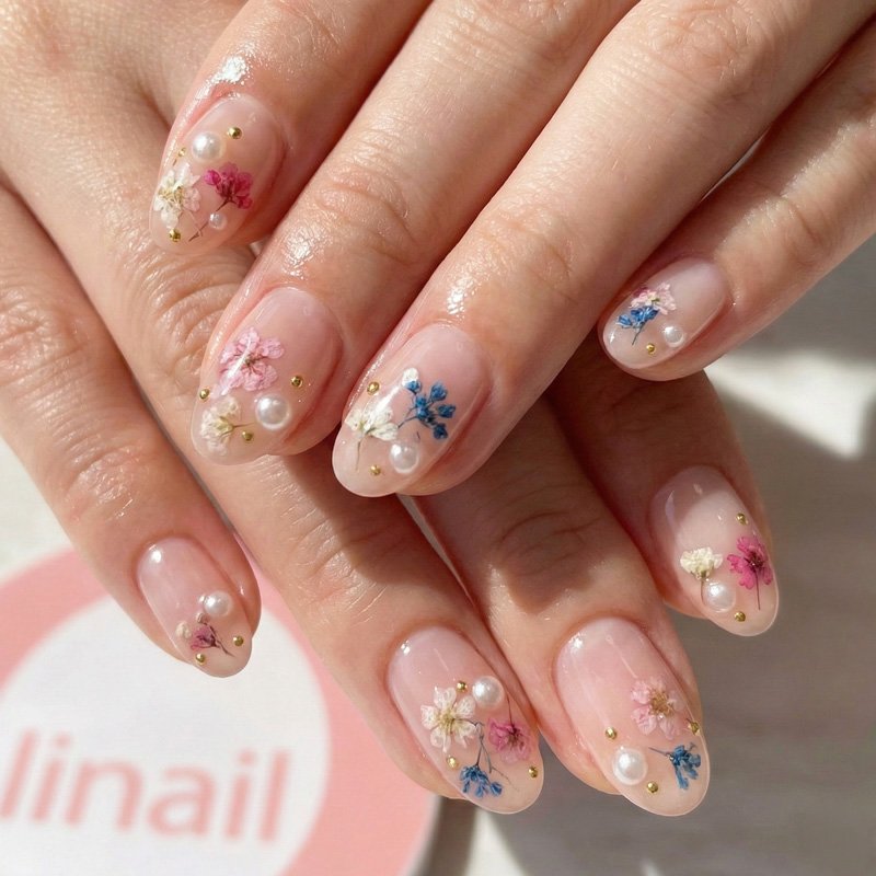 【今月の定額デザイン】大人可愛い★押し花＆ビジュー埋め込み